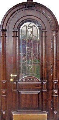 Арочная металлическая дверь массив со стеклом и ковкой ДА-50 в Костроме