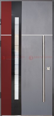 Серая входная дверь с порошковым окрасом и красной вставкой ДП-175 в Костроме