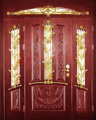 Бордовая железная парадная дверь со стеклом и ковкой ДПР-75 в Костроме