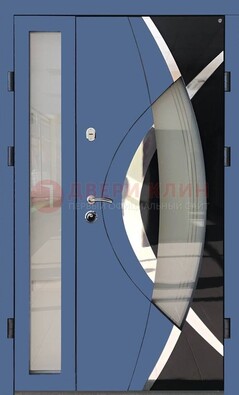 Синяя металлическая дверь со стеклом и узором ДС-13 в Костроме