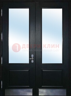 Черная двухстворчатая металлическая дверь со стеклом ДС-25 в Костроме