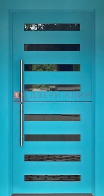 Голубая уличная дверь с МДФ панелью и стеклом ДС-51 в Костроме