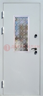 Серая металлическая дверь со стеклом и ковкой ДС-75 в Костроме