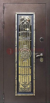Железная дверь цвета медный антик со стеклом и ковкой ДСК-105 в Костроме