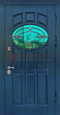 Синяя металлическая дверь со стеклом и ковкой ДСК-143 в Курске