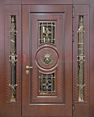 Коричневая стальная дверь со стеклом и ковкой ДСК-147 с фрамугами в Костроме