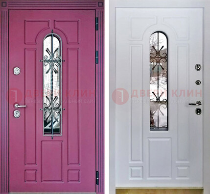 Розовая металлическая дверь со стеклом и ковкой ДСК-151 в Костроме