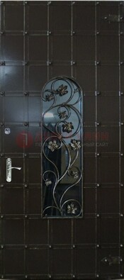 Высокая железная дверь со стеклом и ковкой ДСК-15 в Костроме