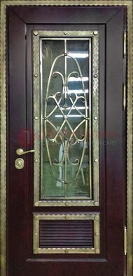 Темная уличная дверь порошок со стеклом и ковкой ДСК-167 в Костроме