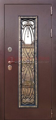 Коричневая стальная дверь порошок со стеклом и ковкой для дома ДСК-169 в Костроме