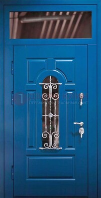 Синяя железная филенчатая дверь со стеклом и ковкой ДСК-97 в Костроме