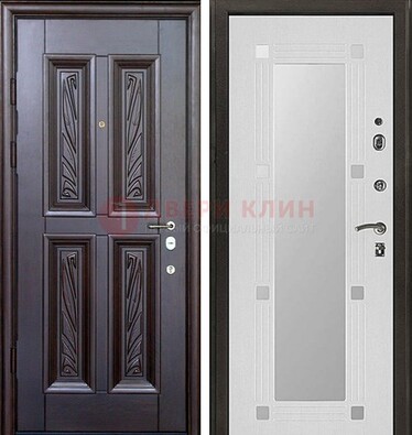 Коричневая стальная дверь с зеркалом МДФ внутри ДЗ-44 в Костроме