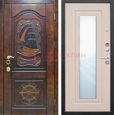 Темная уличная дверь с резьбой и зеркалом внутри ДЗ-49 в Костроме