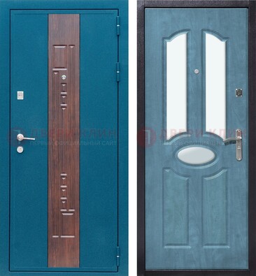 Голубая металлическая дверь МДФ с тремя зеркальными вставками ДЗ-78 в Костроме