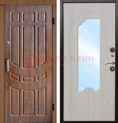 Коричневая уличная дверь c виноритом и терморазрывом МДФ Беленый дуб  с зеркалом ДЗ-97 в Костроме