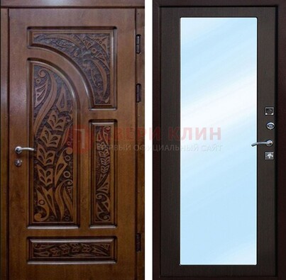 Коричневая входная дверь c узором и виноритом МДФ с зеркалом ДЗ-98 в Костроме