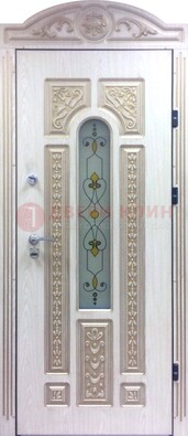 Белая железная дверь с МДФ и витражом ВЖ-26 в Костроме