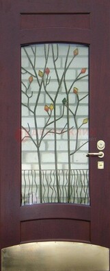 Бордовая стальная дверь с витражом и декоративным элементом ВЖ-3 в Костроме